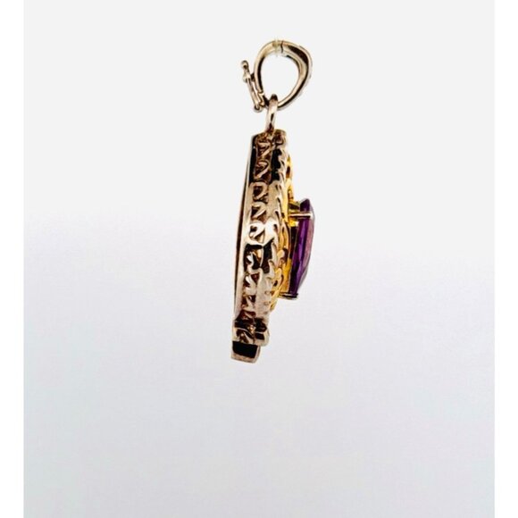 Estate Sterling Silver 925 Gold Tone Filigree Pendant w/ Pear Amethyst Gemstone - Picture 2 of 9